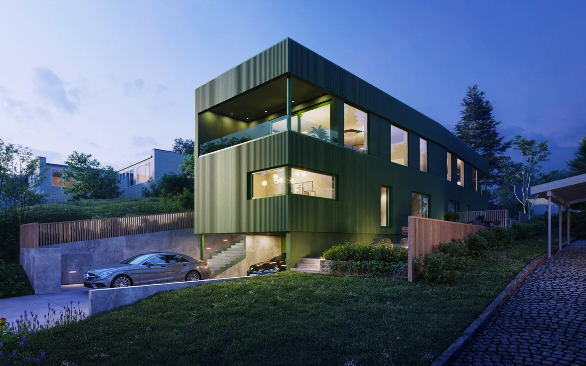 Modern single family home rendering featuring a green cantilevered structure with large windows, illuminated interiors, and a terraced hillside driveway at dusk.